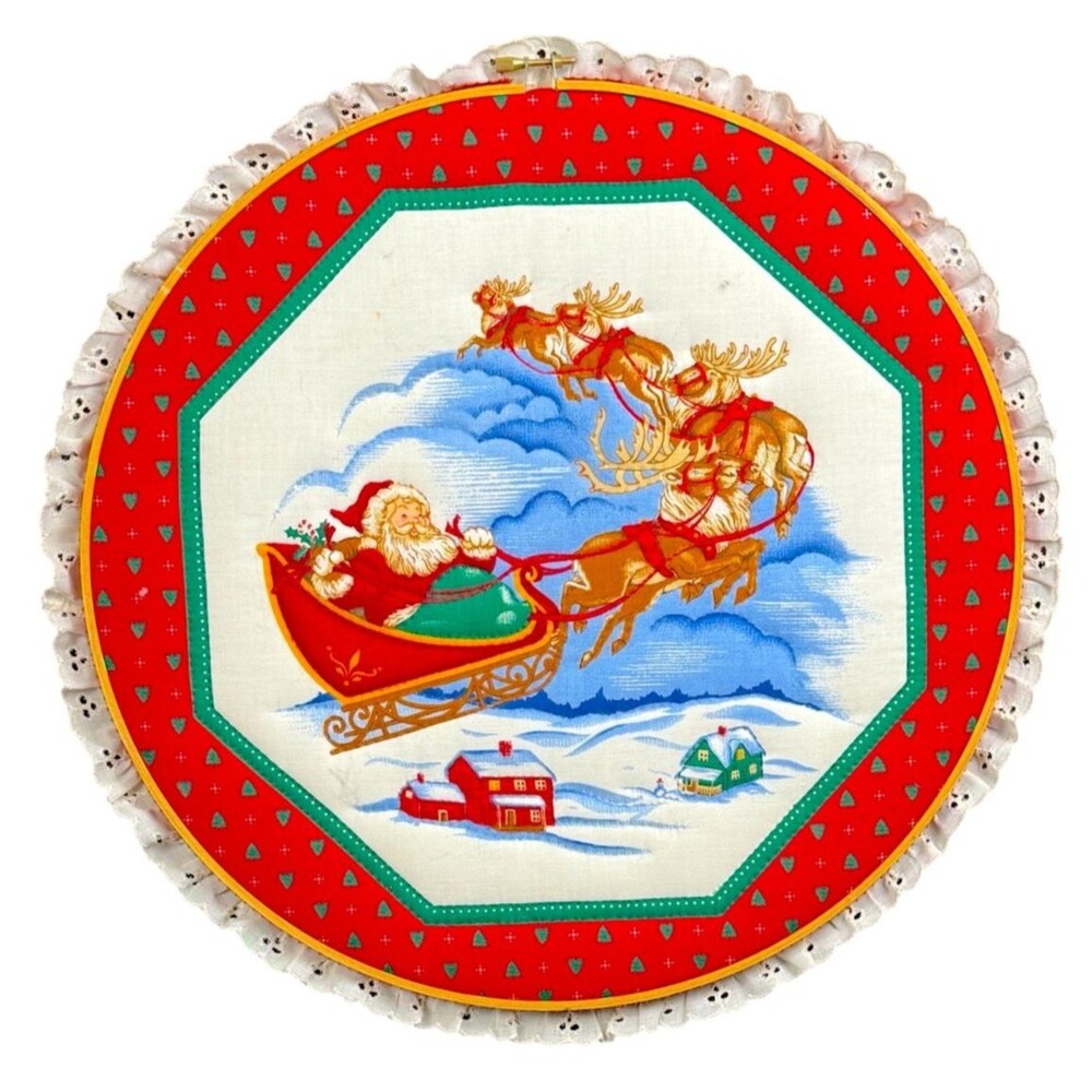 Vintage White Christmas Santa Reindeer Sleigh Hoop Ring Frame Fabric Eyelet Lace